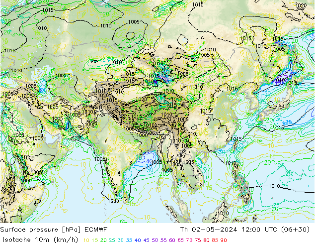 Isotachs (kph) ECMWF Th 02.05.2024 12 UTC