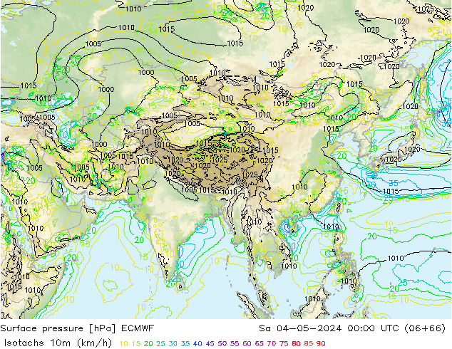 Isotachs (kph) ECMWF sab 04.05.2024 00 UTC