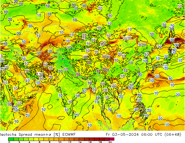 Isotachs Spread ECMWF Pá 03.05.2024 06 UTC