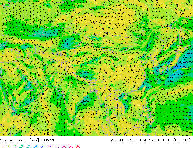 wiatr 10 m ECMWF śro. 01.05.2024 12 UTC