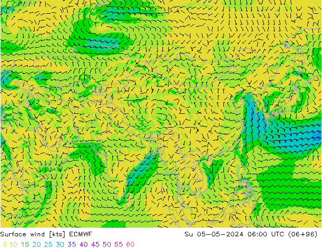 wiatr 10 m ECMWF nie. 05.05.2024 06 UTC