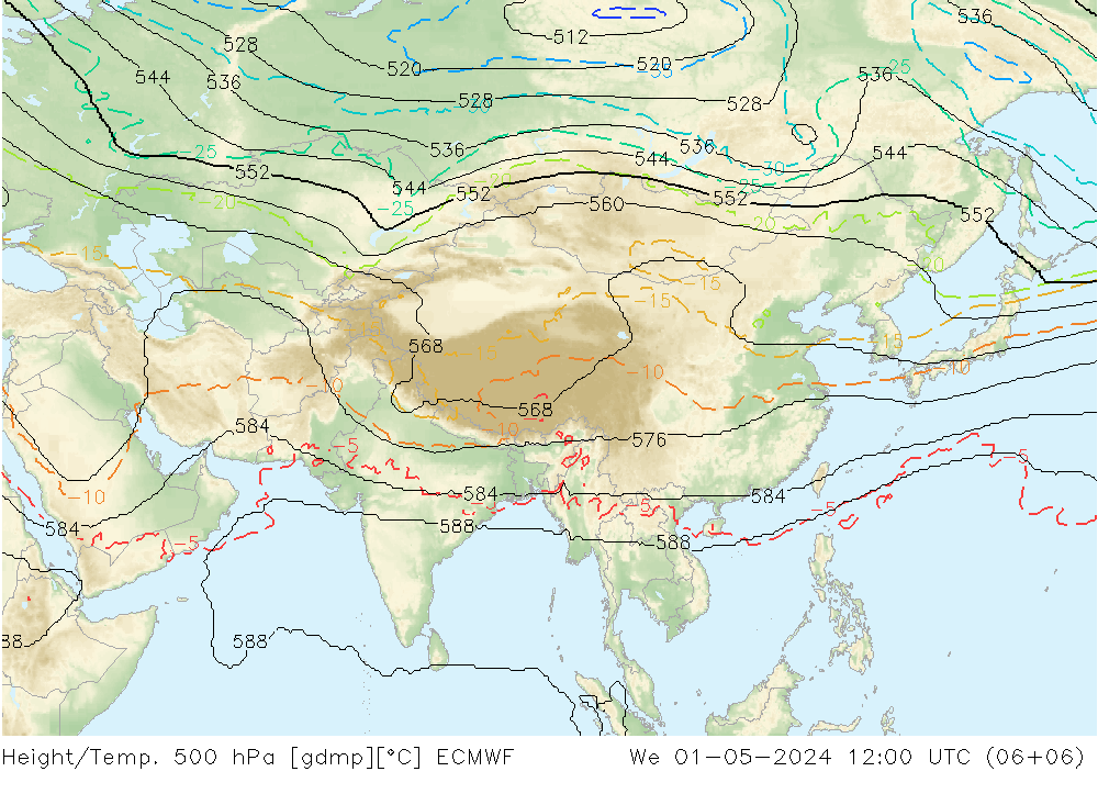 Hoogte/Temp. 500 hPa ECMWF wo 01.05.2024 12 UTC