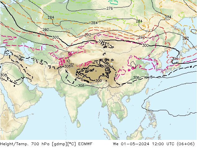 Geop./Temp. 700 hPa ECMWF mié 01.05.2024 12 UTC