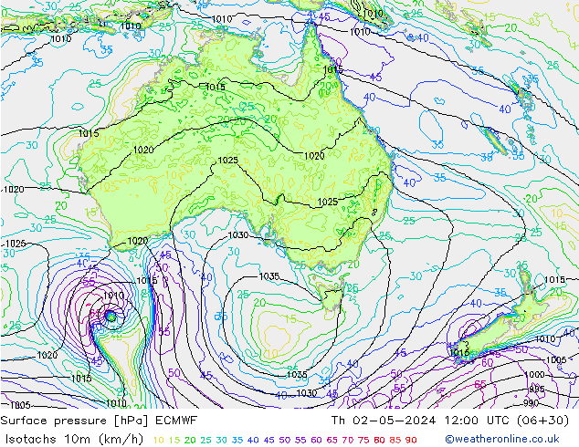 Isotachs (kph) ECMWF Qui 02.05.2024 12 UTC