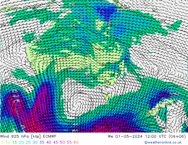 Vento 925 hPa ECMWF Qua 01.05.2024 12 UTC