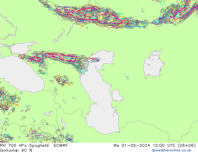 RH 700 hPa Spaghetti ECMWF śro. 01.05.2024 12 UTC