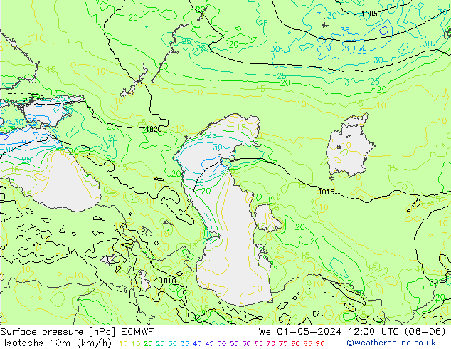 Izotacha (km/godz) ECMWF śro. 01.05.2024 12 UTC