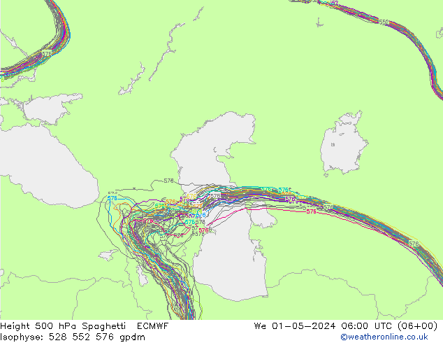 Height 500 hPa Spaghetti ECMWF śro. 01.05.2024 06 UTC