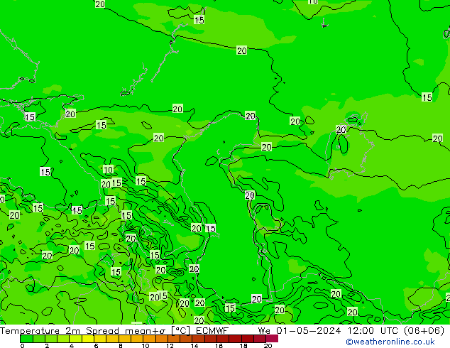 mapa temperatury 2m Spread ECMWF śro. 01.05.2024 12 UTC