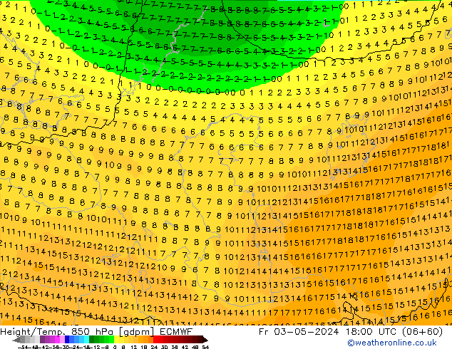 Height/Temp. 850 hPa ECMWF Fr 03.05.2024 18 UTC