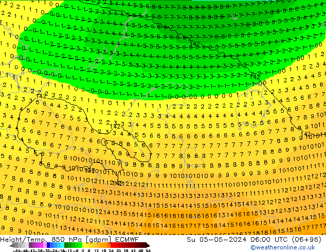 Geop./Temp. 850 hPa ECMWF dom 05.05.2024 06 UTC