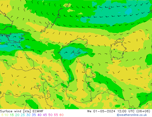 Vento 10 m ECMWF Qua 01.05.2024 12 UTC