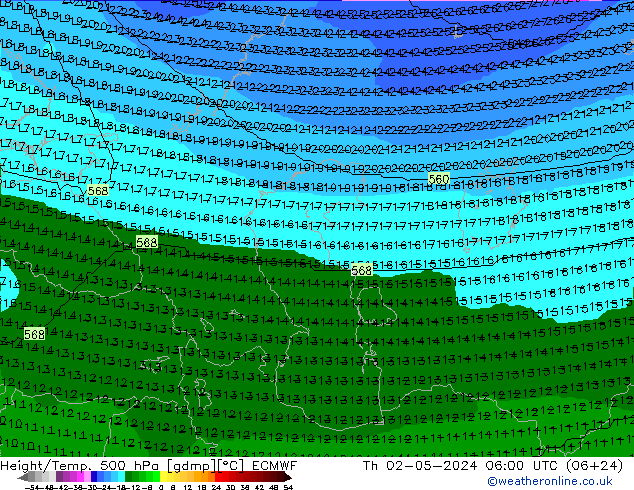 Height/Temp. 500 hPa ECMWF Th 02.05.2024 06 UTC