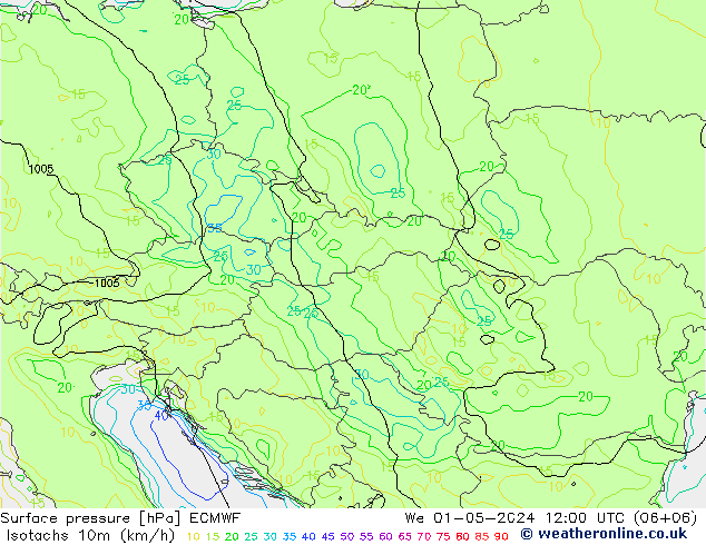 Izotacha (km/godz) ECMWF śro. 01.05.2024 12 UTC