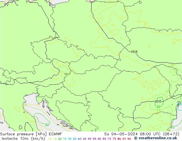 Isotachen (km/h) ECMWF za 04.05.2024 06 UTC