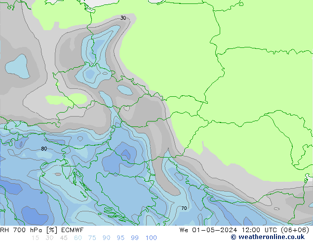 700 hPa Nispi Nem ECMWF Çar 01.05.2024 12 UTC