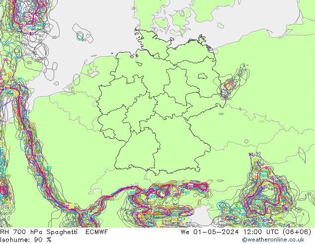 RH 700 hPa Spaghetti ECMWF Mi 01.05.2024 12 UTC