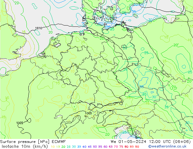 Isotachen (km/h) ECMWF Mi 01.05.2024 12 UTC