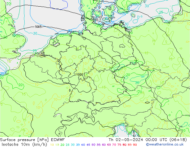 Isotachs (kph) ECMWF  02.05.2024 00 UTC