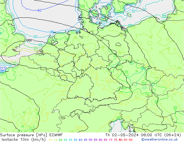 Isotachs (kph) ECMWF Th 02.05.2024 06 UTC