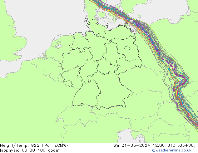 Height/Temp. 925 hPa ECMWF śro. 01.05.2024 12 UTC