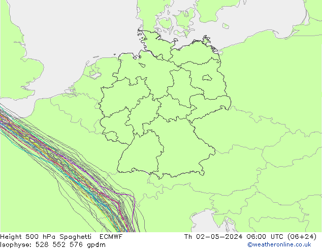 Height 500 hPa Spaghetti ECMWF Th 02.05.2024 06 UTC