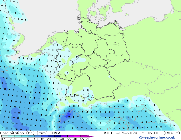 Precipitação (6h) ECMWF Qua 01.05.2024 18 UTC