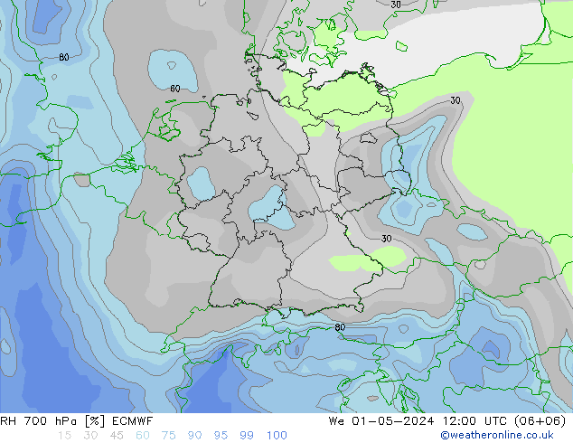 RH 700 hPa ECMWF Mi 01.05.2024 12 UTC