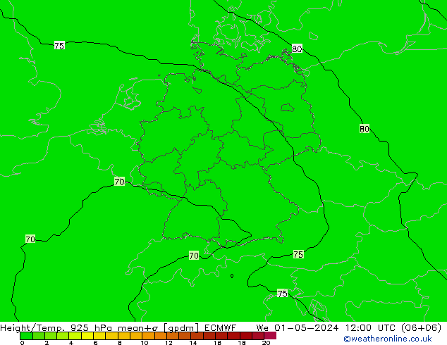 Height/Temp. 925 hPa ECMWF Qua 01.05.2024 12 UTC