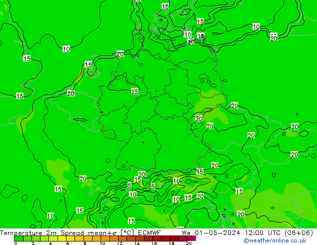 mapa temperatury 2m Spread ECMWF śro. 01.05.2024 12 UTC