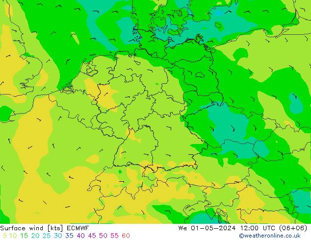 Vento 10 m ECMWF mer 01.05.2024 12 UTC