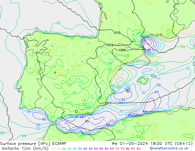 Isotachs (kph) ECMWF  01.05.2024 18 UTC