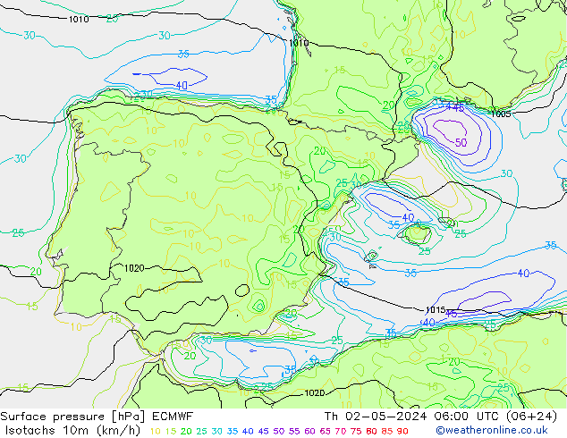 Isotachen (km/h) ECMWF do 02.05.2024 06 UTC