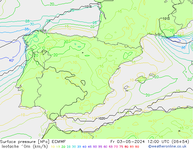 Isotachs (kph) ECMWF Pá 03.05.2024 12 UTC