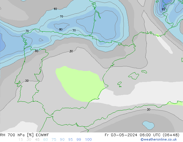 Humedad rel. 700hPa ECMWF vie 03.05.2024 06 UTC