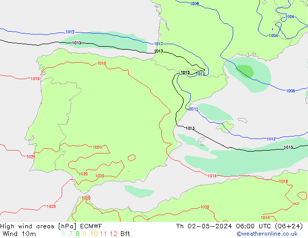 High wind areas ECMWF Th 02.05.2024 06 UTC