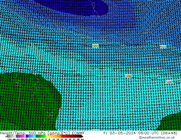 Geop./Temp. 500 hPa ECMWF vie 03.05.2024 06 UTC