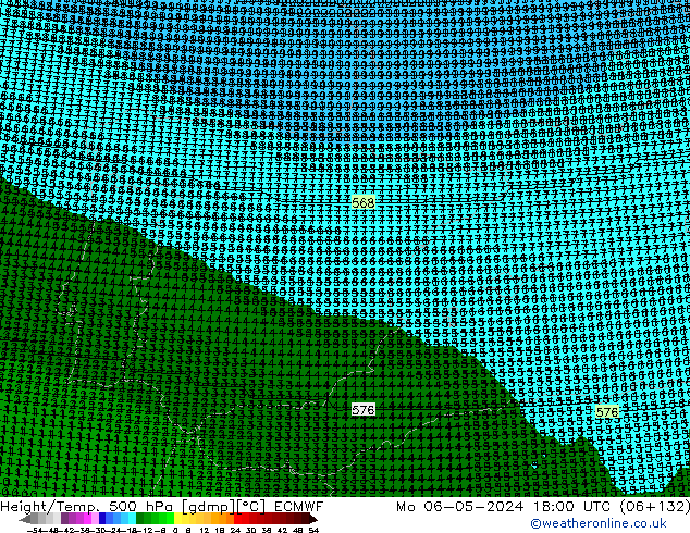 Height/Temp. 500 hPa ECMWF pon. 06.05.2024 18 UTC