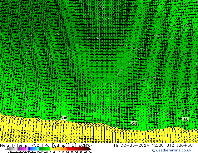 Height/Temp. 700 hPa ECMWF Th 02.05.2024 12 UTC