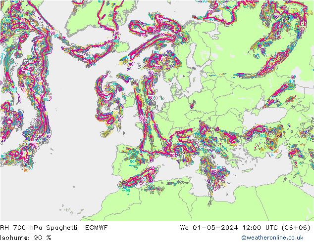 RH 700 hPa Spaghetti ECMWF mer 01.05.2024 12 UTC