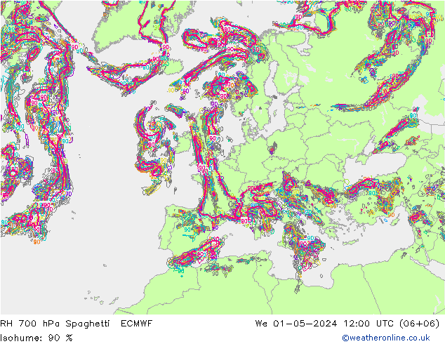 RH 700 hPa Spaghetti ECMWF We 01.05.2024 12 UTC