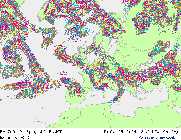RH 700 hPa Spaghetti ECMWF Do 02.05.2024 18 UTC