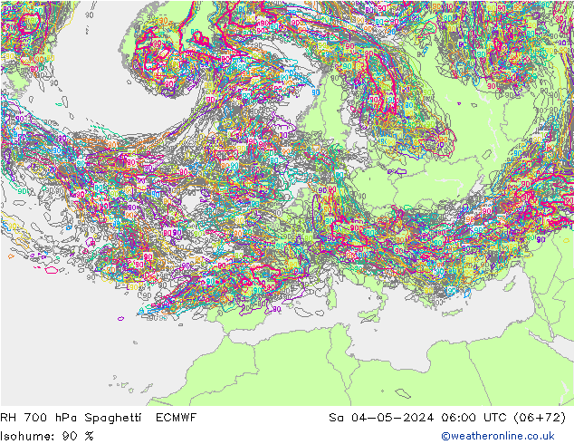 RH 700 hPa Spaghetti ECMWF Sa 04.05.2024 06 UTC