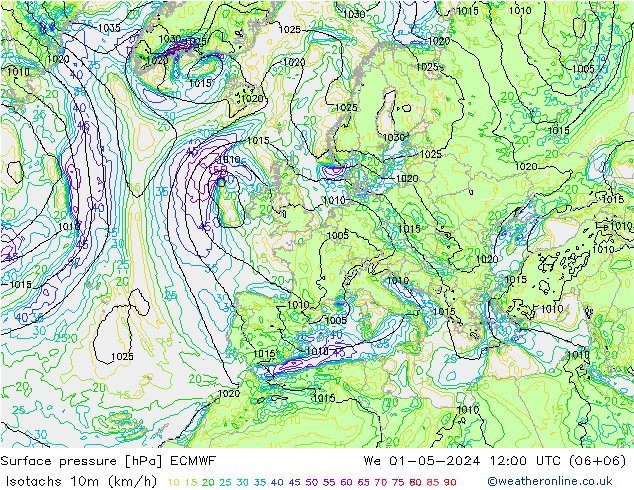 Isotachs (kph) ECMWF We 01.05.2024 12 UTC