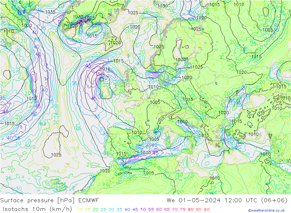 Izotacha (km/godz) ECMWF śro. 01.05.2024 12 UTC