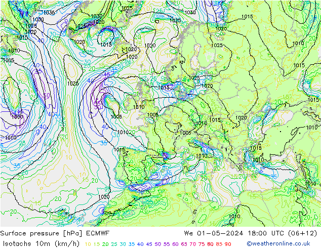 Isotachs (kph) ECMWF mer 01.05.2024 18 UTC