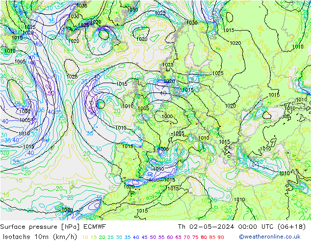 Isotachs (kph) ECMWF Th 02.05.2024 00 UTC