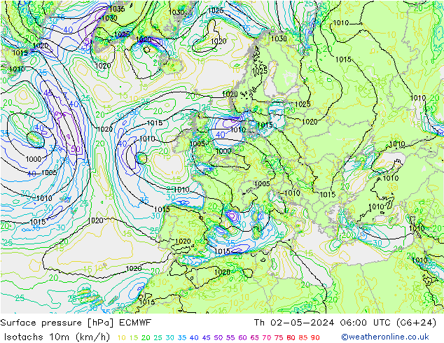 Isotachen (km/h) ECMWF Do 02.05.2024 06 UTC