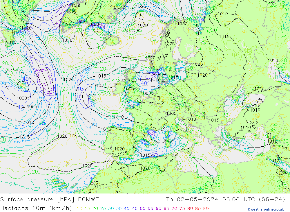 Isotachen (km/h) ECMWF do 02.05.2024 06 UTC