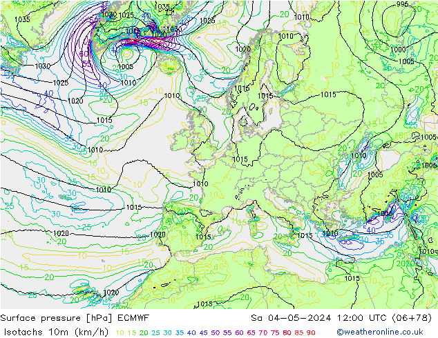 Isotachs (kph) ECMWF sam 04.05.2024 12 UTC